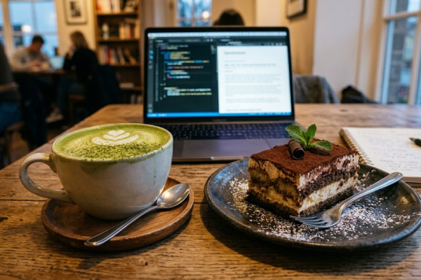 Matcha latte và tiramisu ART DRINK trong quán cà phê