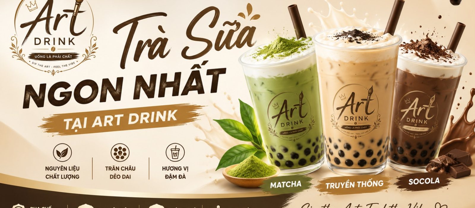 Trà sữa ngon nhất tại Art Drink với 3 hương vị truyền thống, matcha và socola